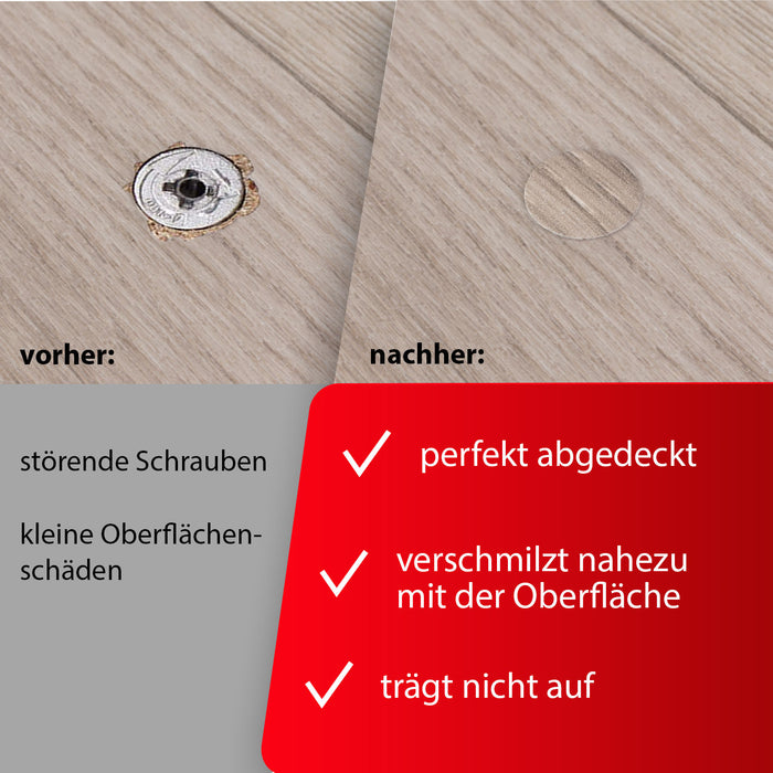 LouMaxx Abdeckkappen für Schrauben rund, Weißeiche Ø 14 mm – 50er Set - Selbstklebende Abdeckkappen für Bohrlöcher und kleine Beschädigungen – Universelle Schraubenabdeckung Made in EU