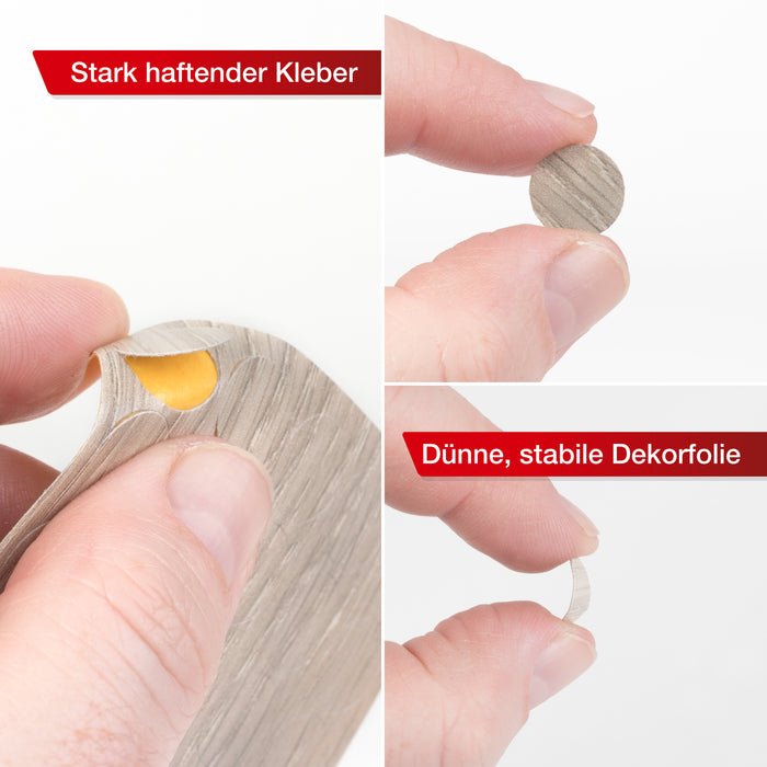 LouMaxx Abdeckkappen für Schrauben rund, Weißeiche Ø 14 mm – 50er Set - Selbstklebende Abdeckkappen für Bohrlöcher und kleine Beschädigungen – Universelle Schraubenabdeckung Made in EU