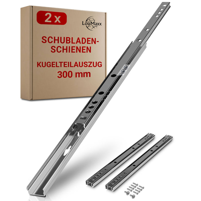 LouMaxx Kugelauszug 2er Set Schubladenschienen 27 mm Nut | 300-400mm Schienen Schublade | Schubladen Schienensystem mit Teilauszug