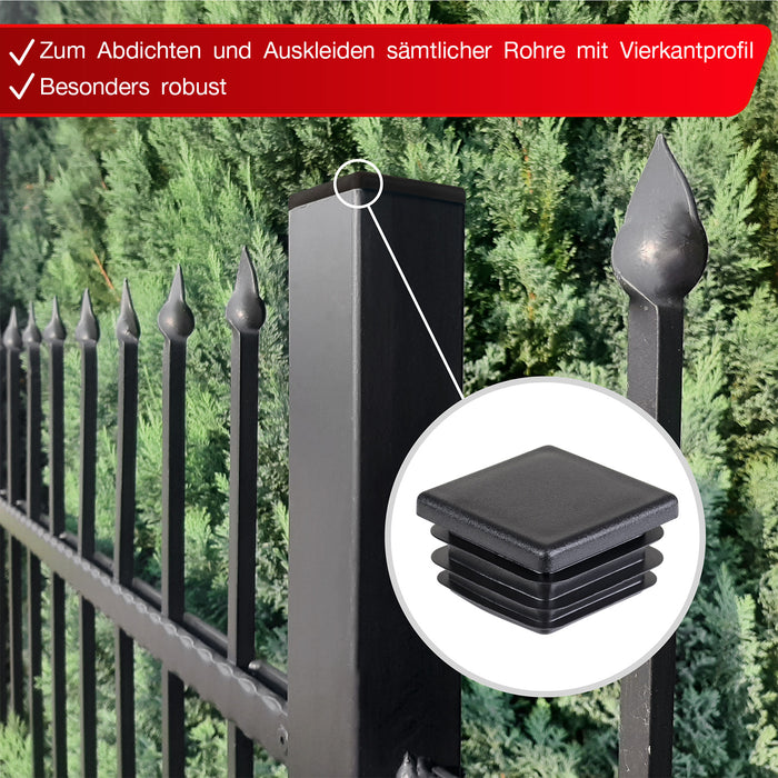 LouMaxx Lamellenstopfen 20x20 mm | Formrohrstopfen schwarz für Vierkantrohr 40x40 mm | Quadratische Zaunpfosten Kappen aus robustem Kunststoff | Rohrstopfen 20x20 mm für perfekten Schutz