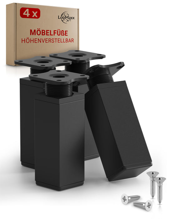 LouMaxx Möbelfüße verstellbar eckig– 4er Set 40x40x100mm in Schwarz inkl. Befestigungsplatte – Füße für Möbel aus Aluminium LouMaxx Möbelfüße verstellbar eckig– 4er Set 40x40x100mm in Schwarz inkl. Befestigungsplatte – Füße für Möbel aus Aluminium