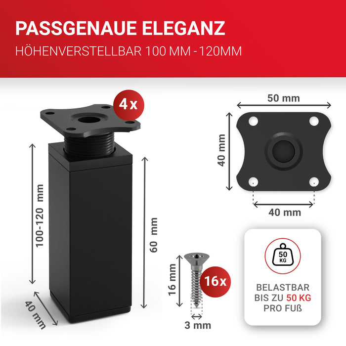 LouMaxx Möbelfüße verstellbar eckig– 4er Set 40x40x100mm in Schwarz inkl. Befestigungsplatte – Füße für Möbel aus Aluminium LouMaxx Möbelfüße verstellbar eckig– 4er Set 40x40x100mm in Schwarz inkl. Befestigungsplatte – Füße für Möbel aus Aluminium