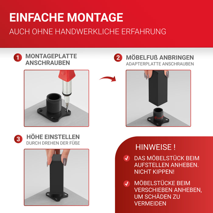 LouMaxx Möbelfüße verstellbar eckig– 4er Set 40x40x100mm in Schwarz inkl. Befestigungsplatte – Füße für Möbel aus Aluminium LouMaxx Möbelfüße verstellbar eckig– 4er Set 40x40x100mm in Schwarz inkl. Befestigungsplatte – Füße für Möbel aus Aluminium