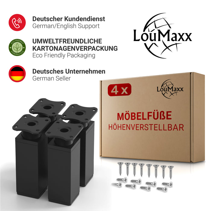 LouMaxx Möbelfüße verstellbar eckig– 4er Set 40x40x100mm in Schwarz inkl. Befestigungsplatte – Füße für Möbel aus Aluminium LouMaxx Möbelfüße verstellbar eckig– 4er Set 40x40x100mm in Schwarz inkl. Befestigungsplatte – Füße für Möbel aus Aluminium