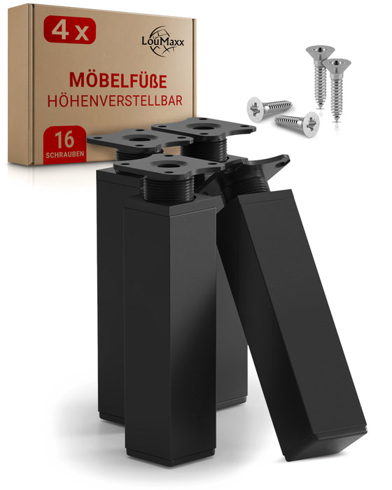 LouMaxx Möbelfüße verstellbar eckig– 4er Set 40x40x150mm in Schwarz inkl. Befestigungsplatte – Füße für Möbel aus Aluminium LouMaxx Möbelfüße verstellbar eckig– 4er Set 40x40x150mm in Schwarz inkl. Befestigungsplatte – Füße für Möbel aus Aluminium