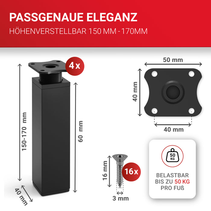 LouMaxx Möbelfüße verstellbar eckig– 4er Set 40x40x150mm in Schwarz inkl. Befestigungsplatte – Füße für Möbel aus Aluminium LouMaxx Möbelfüße verstellbar eckig– 4er Set 40x40x150mm in Schwarz inkl. Befestigungsplatte – Füße für Möbel aus Aluminium