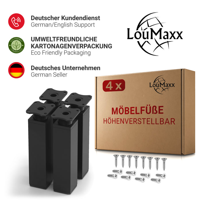 LouMaxx Möbelfüße verstellbar eckig– 4er Set 40x40x150mm in Schwarz inkl. Befestigungsplatte – Füße für Möbel aus Aluminium LouMaxx Möbelfüße verstellbar eckig– 4er Set 40x40x150mm in Schwarz inkl. Befestigungsplatte – Füße für Möbel aus Aluminium