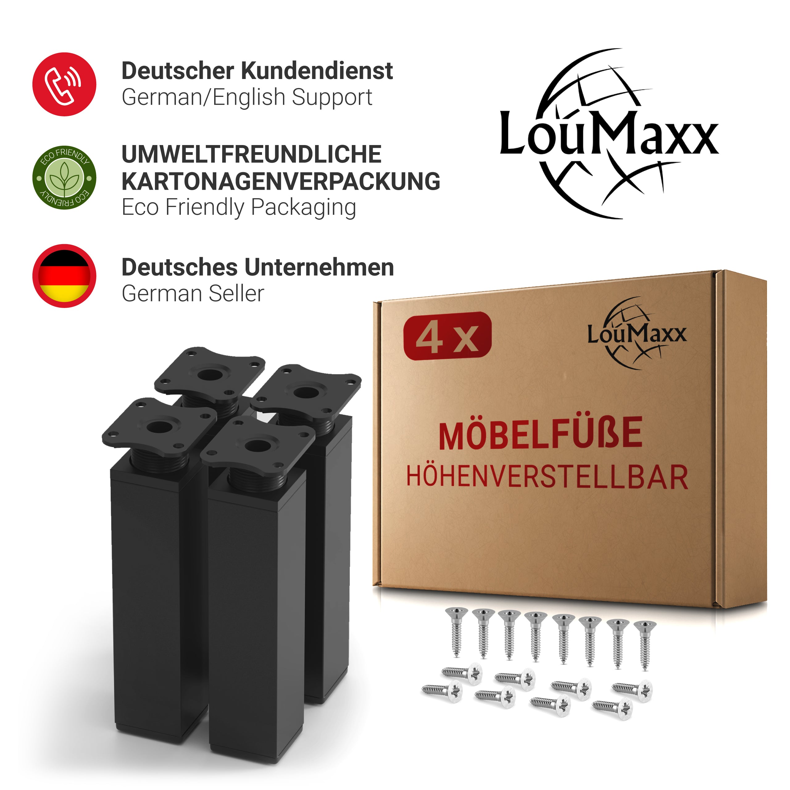 LouMaxx Möbelfüße verstellbar eckig– 4er Set 40x40x60mm in Schwarz inkl. Befestigungsplatte – Füße für Möbel aus Aluminium