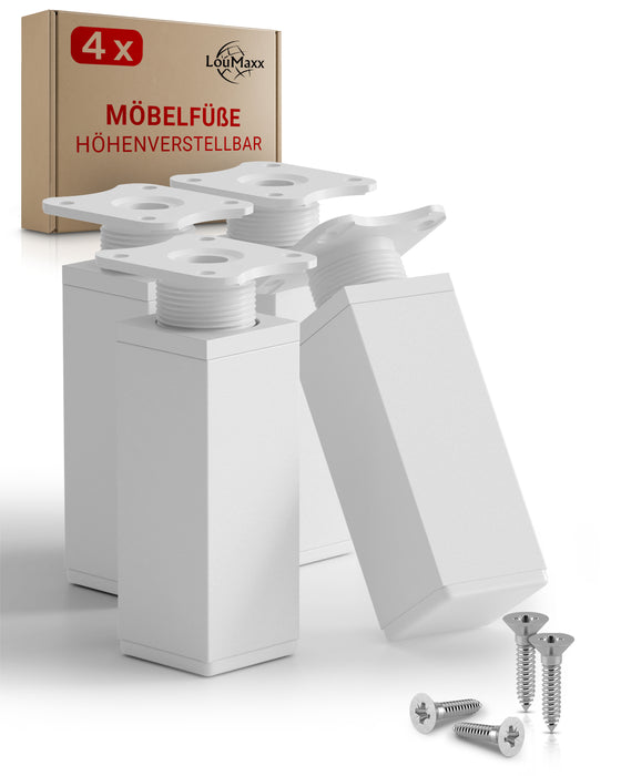 LouMaxx Möbelfüße verstellbar eckig– 4er Set 40x40x100mm in Weiß inkl. Befestigungsplatte – Füße für Möbel aus Aluminium