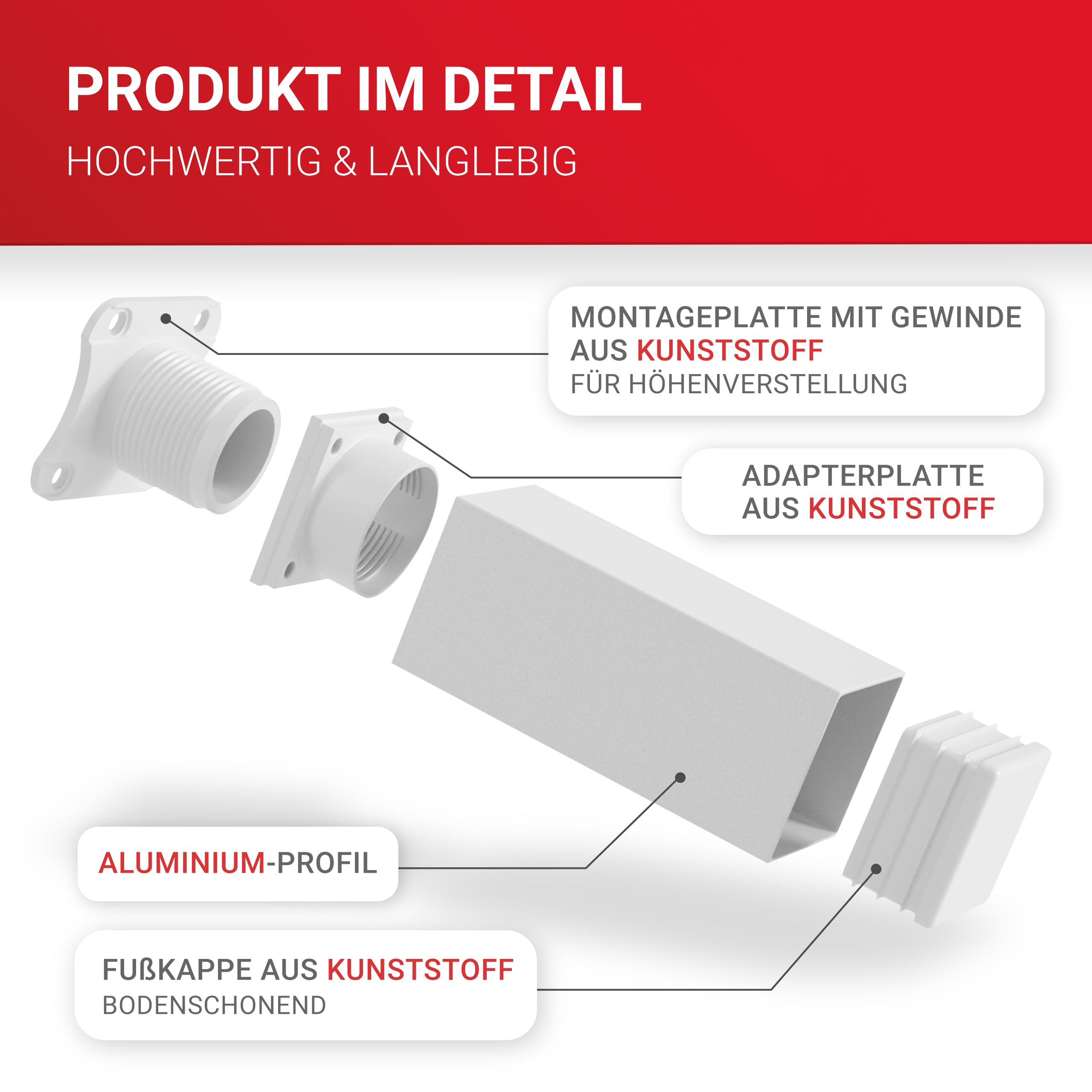 LouMaxx Möbelfüße verstellbar eckig– 4er Set 40x40x100mm in Weiß inkl. Befestigungsplatte – Füße für Möbel aus Aluminium