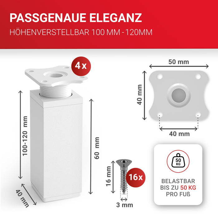 LouMaxx Möbelfüße verstellbar eckig– 4er Set 40x40x100mm in Weiß inkl. Befestigungsplatte – Füße für Möbel aus Aluminium