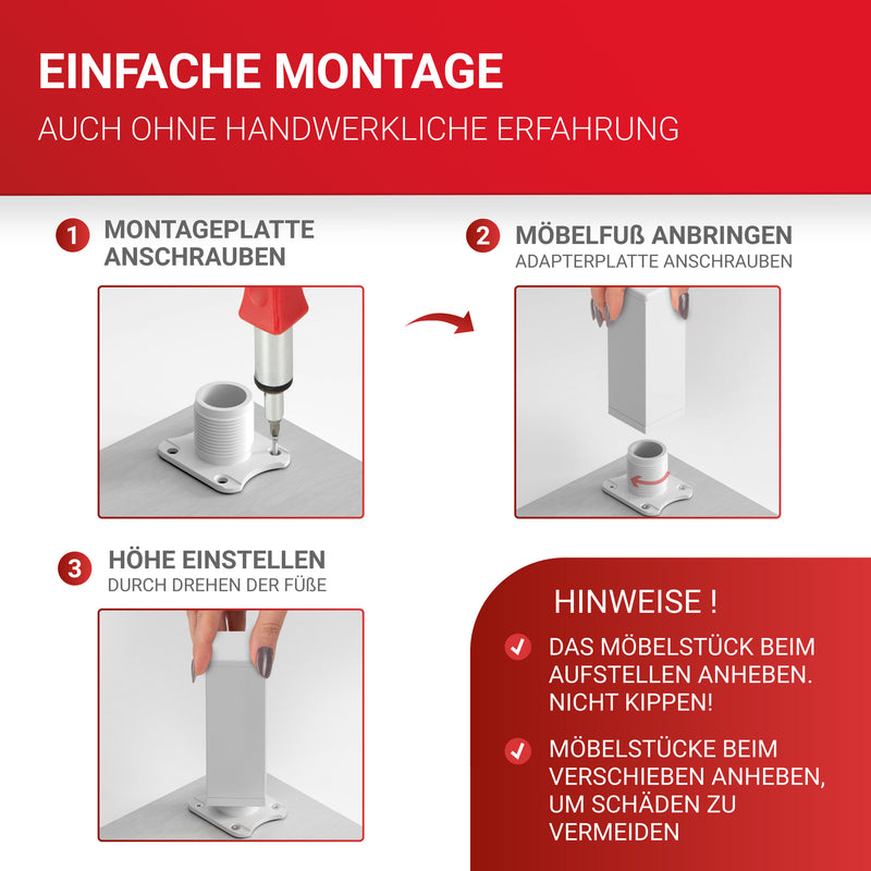 LouMaxx Möbelfüße verstellbar eckig– 4er Set 40x40x100mm in Weiß inkl. Befestigungsplatte – Füße für Möbel aus Aluminium