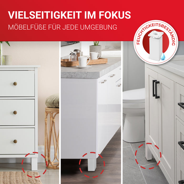 LouMaxx Möbelfüße verstellbar eckig– 4er Set 40x40x100mm in Weiß inkl. Befestigungsplatte – Füße für Möbel aus Aluminium