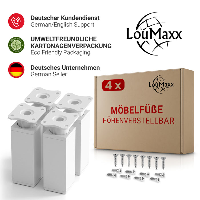 LouMaxx Möbelfüße verstellbar eckig– 4er Set 40x40x100mm in Weiß inkl. Befestigungsplatte – Füße für Möbel aus Aluminium