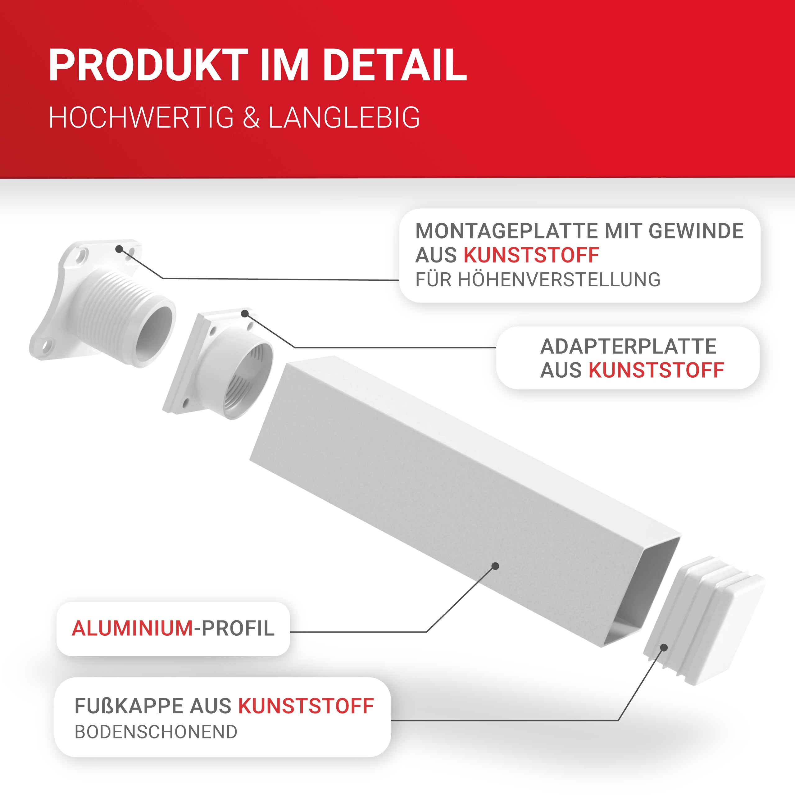 LouMaxx Möbelfüße verstellbar eckig– 4er Set 40x40x150mm in Weiß inkl. Befestigungsplatte – Füße für Möbel aus Aluminium