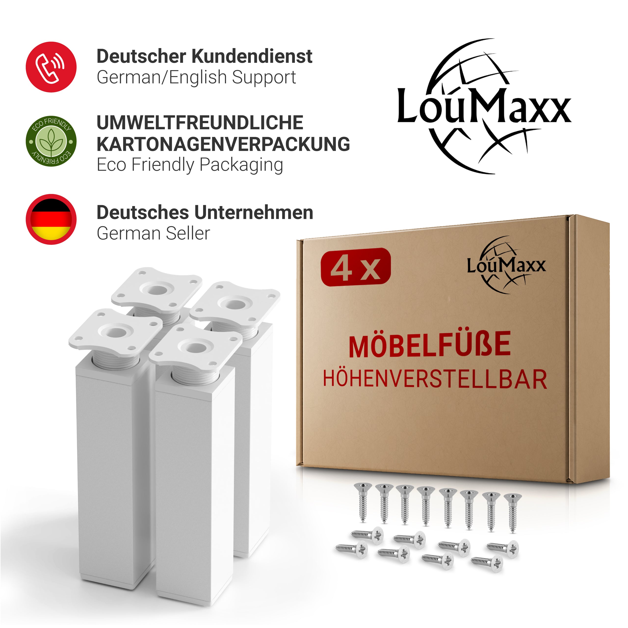 LouMaxx Möbelfüße verstellbar eckig– 4er Set 40x40x150mm in Weiß inkl. Befestigungsplatte – Füße für Möbel aus Aluminium