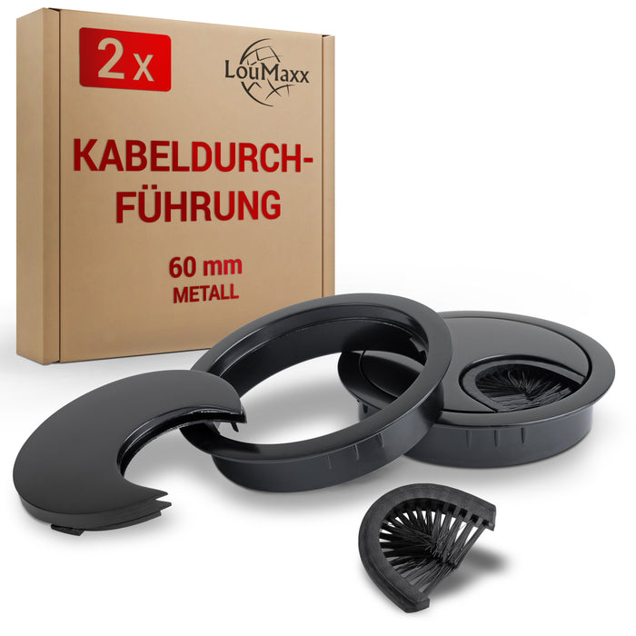 LouMaxx Kabeldurchführung 60mm Ø - 2er Set Kabeldurchführung Metall Schwarz - Kabeldurchführung Schreibtisch mit Staubdichtung