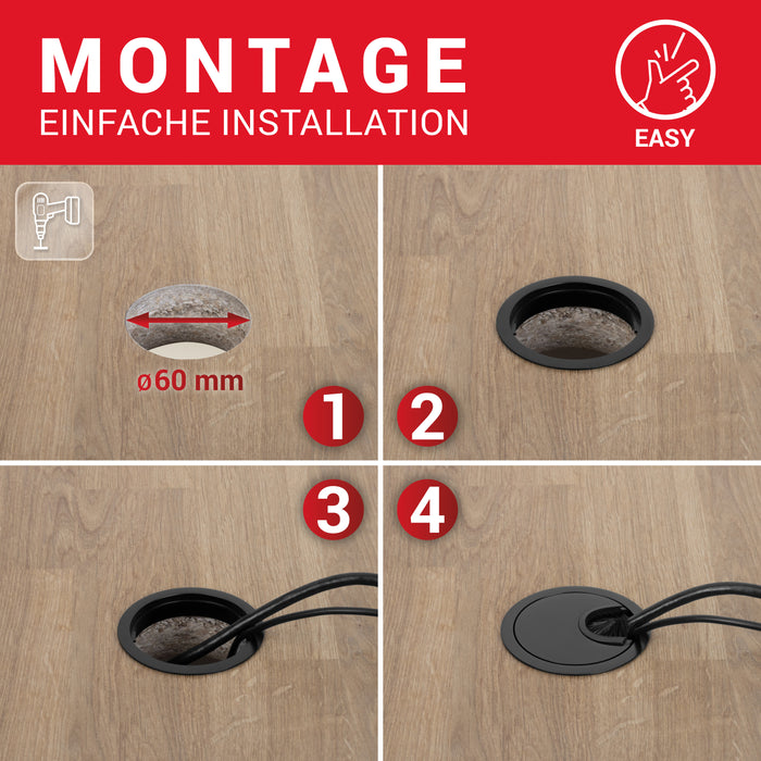 LouMaxx Kabeldurchführung 60mm Ø - 2er Set Kabeldurchführung Metall Schwarz - Kabeldurchführung Schreibtisch mit Staubdichtung