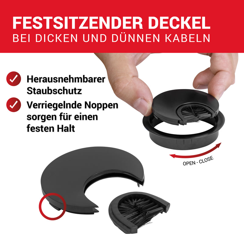 LouMaxx Kabeldurchführung 58mm Ø - 2er Set Kabeldurchführung Metall Schwarz - Kabeldurchführung Schreibtisch mit Staubdichtung