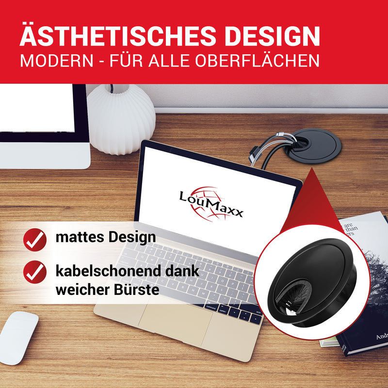LouMaxx Kabeldurchführung 58mm Ø - 2er Set Kabeldurchführung Metall Schwarz - Kabeldurchführung Schreibtisch mit Staubdichtung