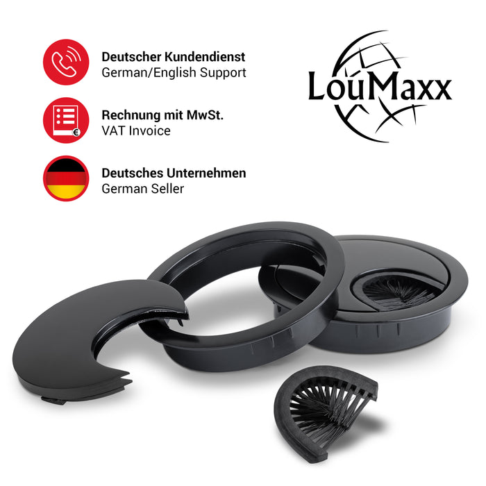 LouMaxx Kabeldurchführung 60mm Ø - 2er Set Kabeldurchführung Metall Schwarz - Kabeldurchführung Schreibtisch mit Staubdichtung