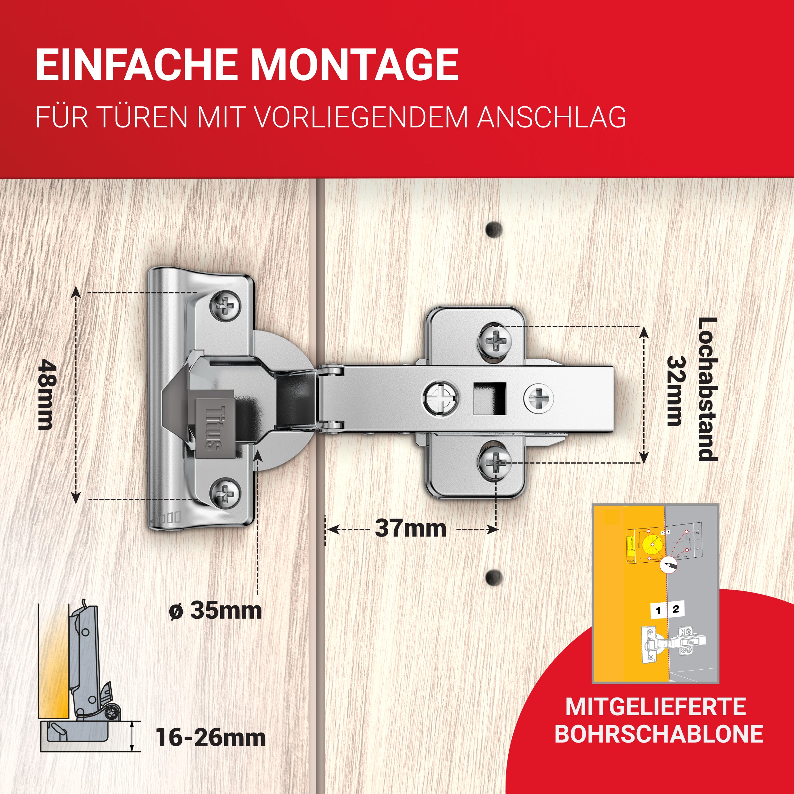 LouMaxx Softclose Scharnier Ø 35 mm mit integrierter Dämpfung – 2er Set Scharniere Schranktür Eckanschlag mit Topfscharnier Schablone