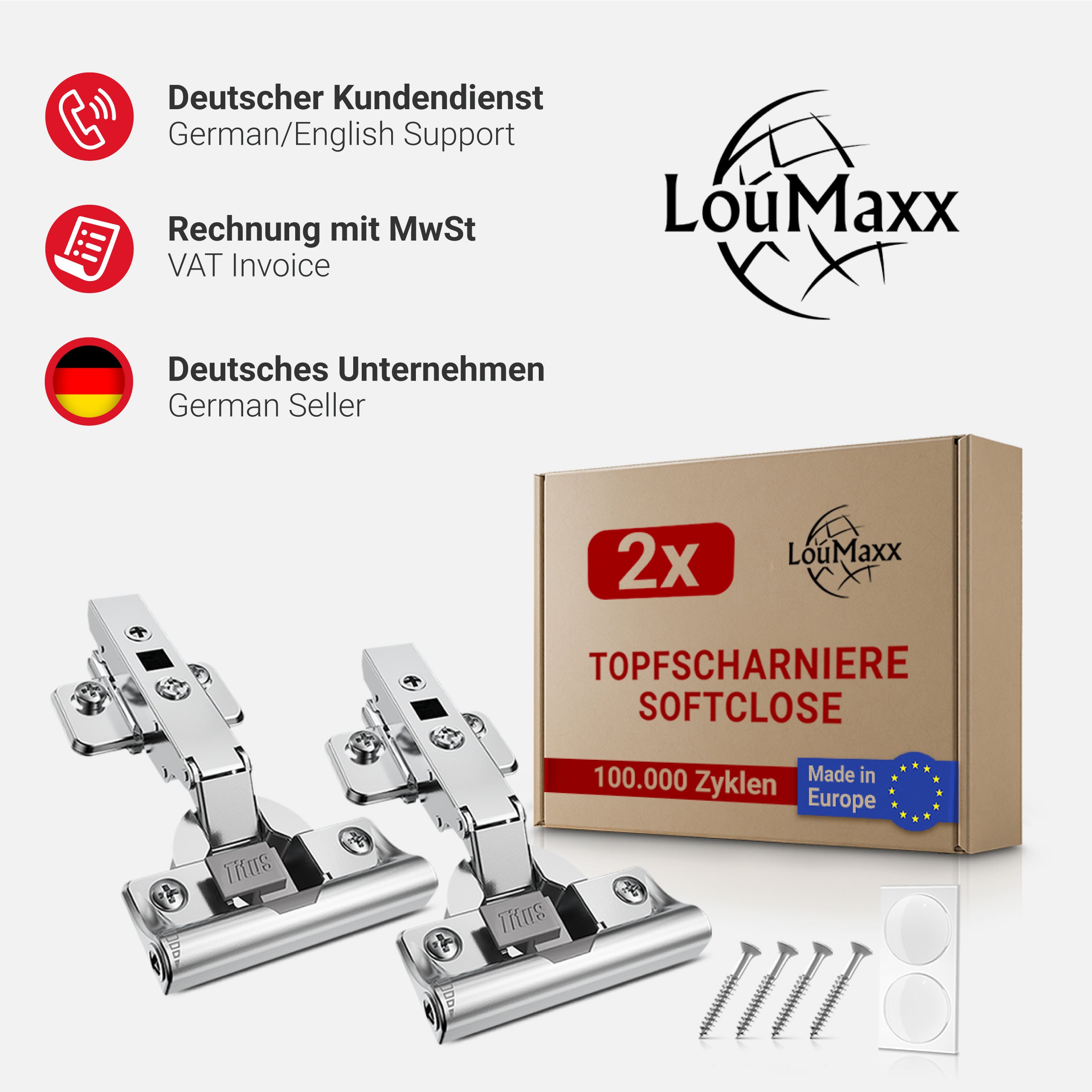 LouMaxx Softclose Scharnier Ø 35 mm mit integrierter Dämpfung – 2er Set Scharniere Schranktür Eckanschlag mit Topfscharnier Schablone