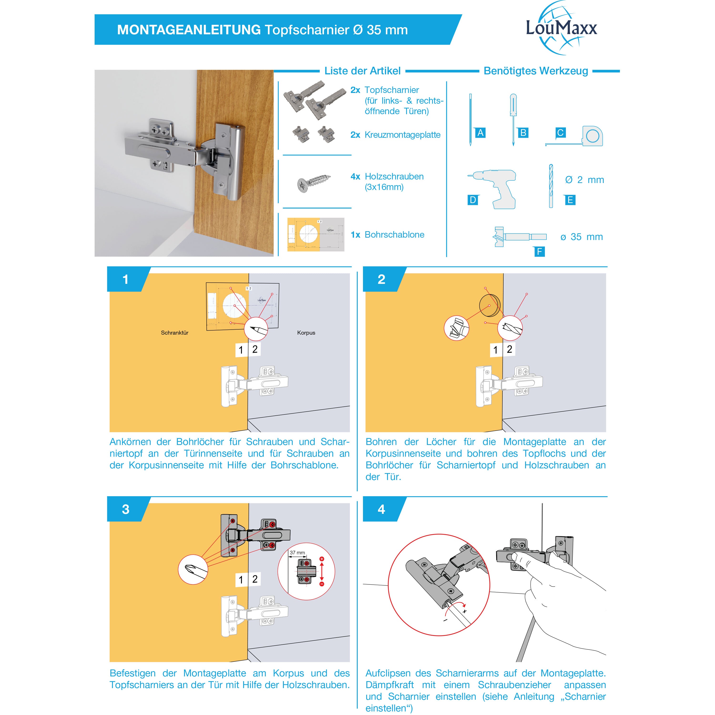 LouMaxx Softclose Scharnier Ø 35 mm mit integrierter Dämpfung – 2er Set Scharniere Schranktür Eckanschlag mit Topfscharnier Schablone