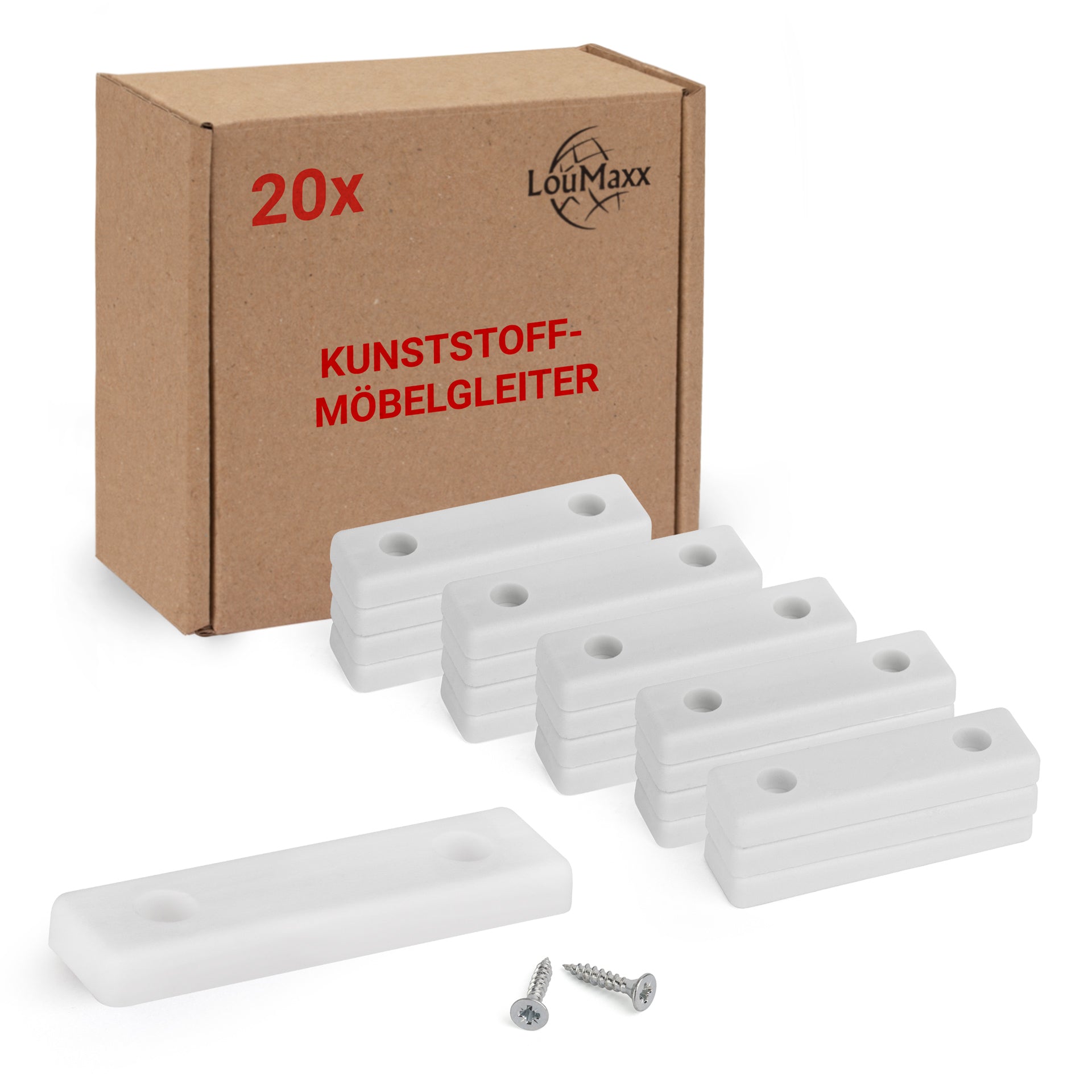 LouMaxx Möbelgleiter Kunststoff – Bodenabstandshalter 50 x 14 x 5 mm – Kunststoffgleiter zum Anschrauben im praktischen Mehrfachpack – 20er Set Mini Möbelfüße weiß inkl. Schrauben