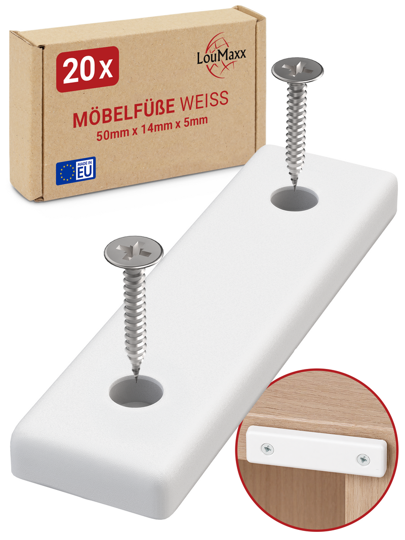 LouMaxx Möbelgleiter Kunststoff – Bodenabstandshalter 50 x 14 x 5 mm – Kunststoffgleiter zum Anschrauben im praktischen Mehrfachpack – 20er Set Mini Möbelfüße weiß inkl. Schrauben