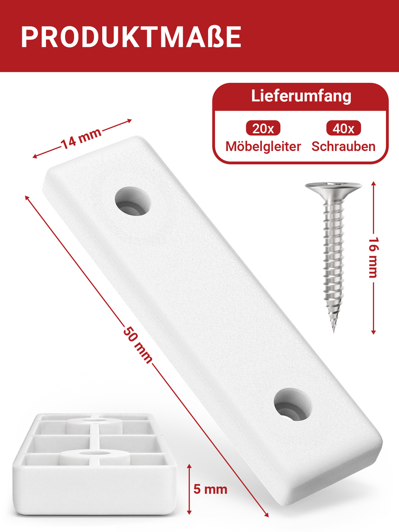 LouMaxx Möbelgleiter Kunststoff – Bodenabstandshalter 50 x 14 x 5 mm – Kunststoffgleiter zum Anschrauben im praktischen Mehrfachpack – 20er Set Mini Möbelfüße weiß inkl. Schrauben