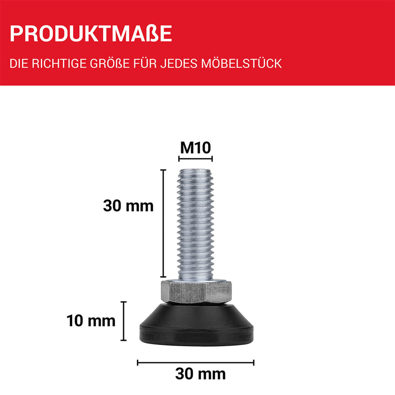 LouMaxx Regulierschraube M10 x 30mm– Verstellbare Füße inkl. Einschlagmutter - Nivellierfüße – Maschinenfuß M10 - Stellfuß M10 - Stellschrauben – 10er Set Verstellschraube