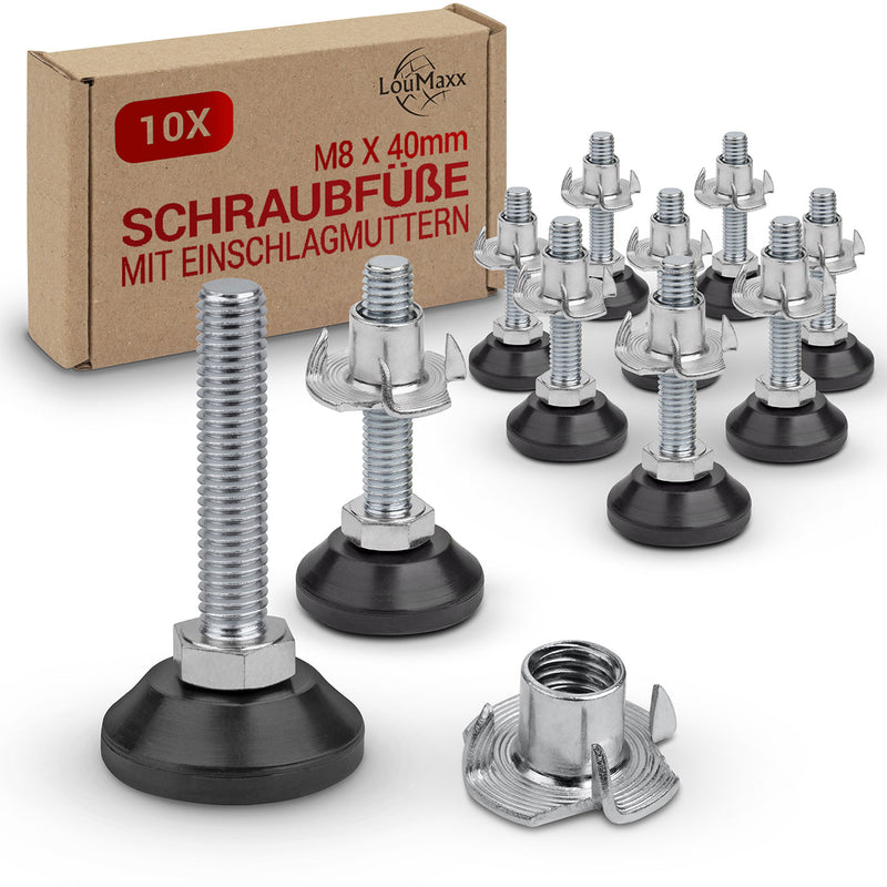 LouMaxx Regulierschraube M8 x 45mm– Verstellbare Füße inkl. Einschlagmutter - Nivellierfüße – Maschinenfuß M8 - Stellfuß M8 - Stellschrauben – 10er Set Verstellschraube