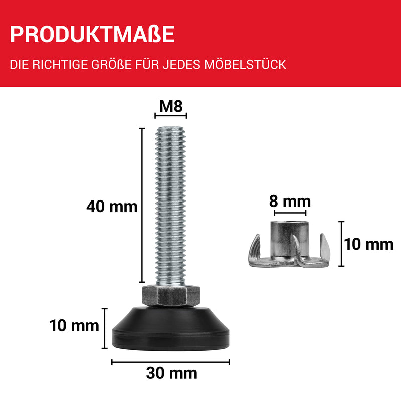 LouMaxx Regulierschraube M8 x 45mm– Verstellbare Füße inkl. Einschlagmutter - Nivellierfüße – Maschinenfuß M8 - Stellfuß M8 - Stellschrauben – 10er Set Verstellschraube