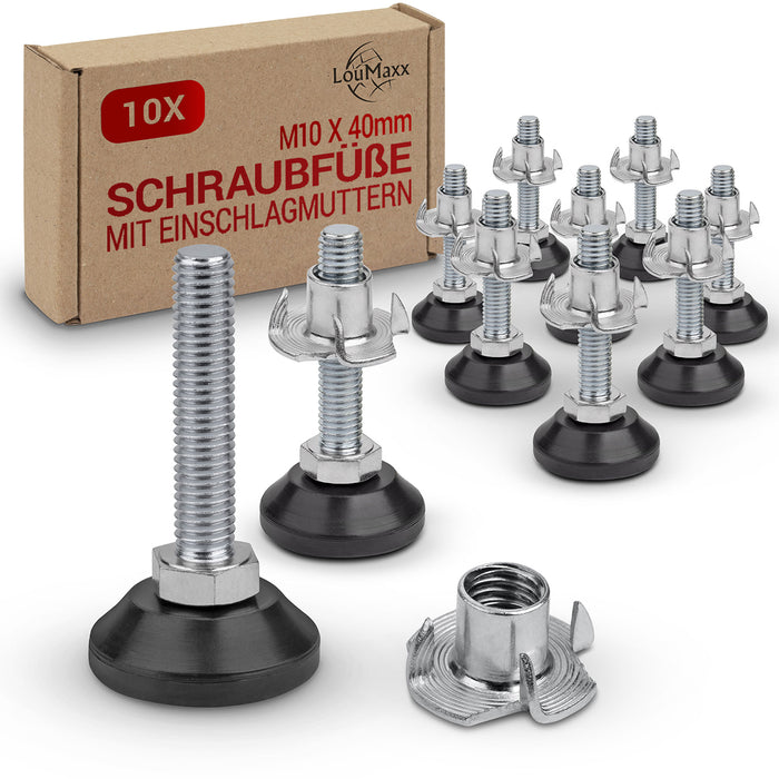 LouMaxx Regulierschraube M10 x 40mm– Verstellbare Füße inkl. Einschlagmutter - Nivellierfüße – Maschinenfuß M10 - Stellfuß M10 - Stellschrauben – 10er Set Verstellschraube
