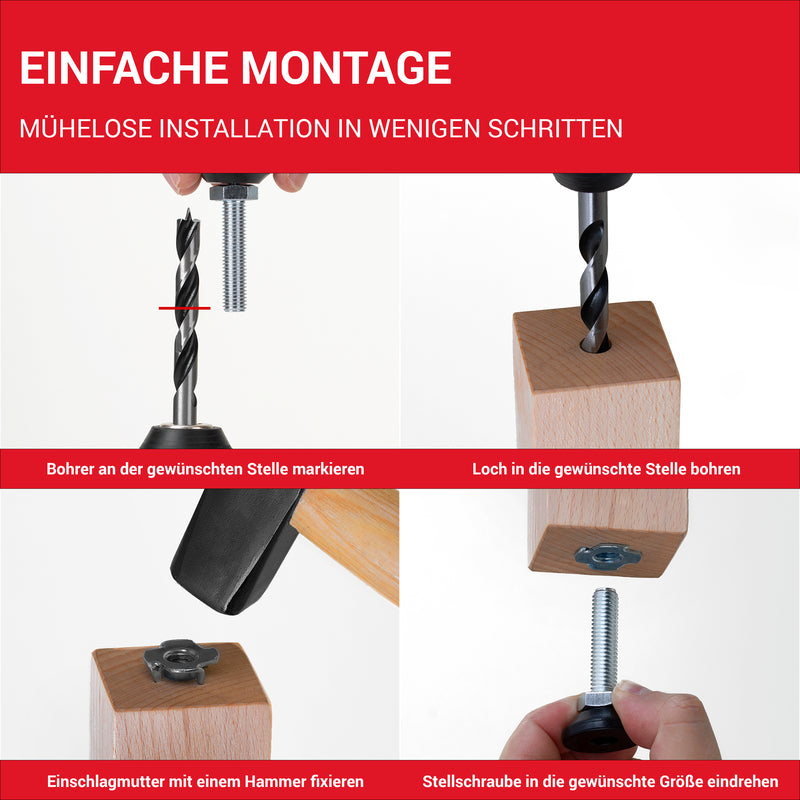 LouMaxx Regulierschraube M10 x 40mm– Verstellbare Füße inkl. Einschlagmutter - Nivellierfüße – Maschinenfuß M10 - Stellfuß M10 - Stellschrauben – 10er Set Verstellschraube