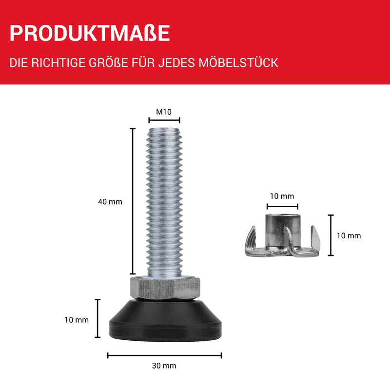 LouMaxx Regulierschraube M10 x 40mm– Verstellbare Füße inkl. Einschlagmutter - Nivellierfüße – Maschinenfuß M10 - Stellfuß M10 - Stellschrauben – 10er Set Verstellschraube