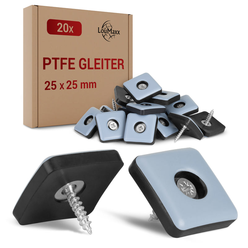 LouMaxx Teflongleiter 25 x 25 mm zum Schrauben – Möbelgleiter | Stuhlgleiter aus hochgleitfähigem PTFE | Hochwertige Gleiter für Stühle, Möbel und für Thermomix - 20er Set Möbelgleiter Teppich