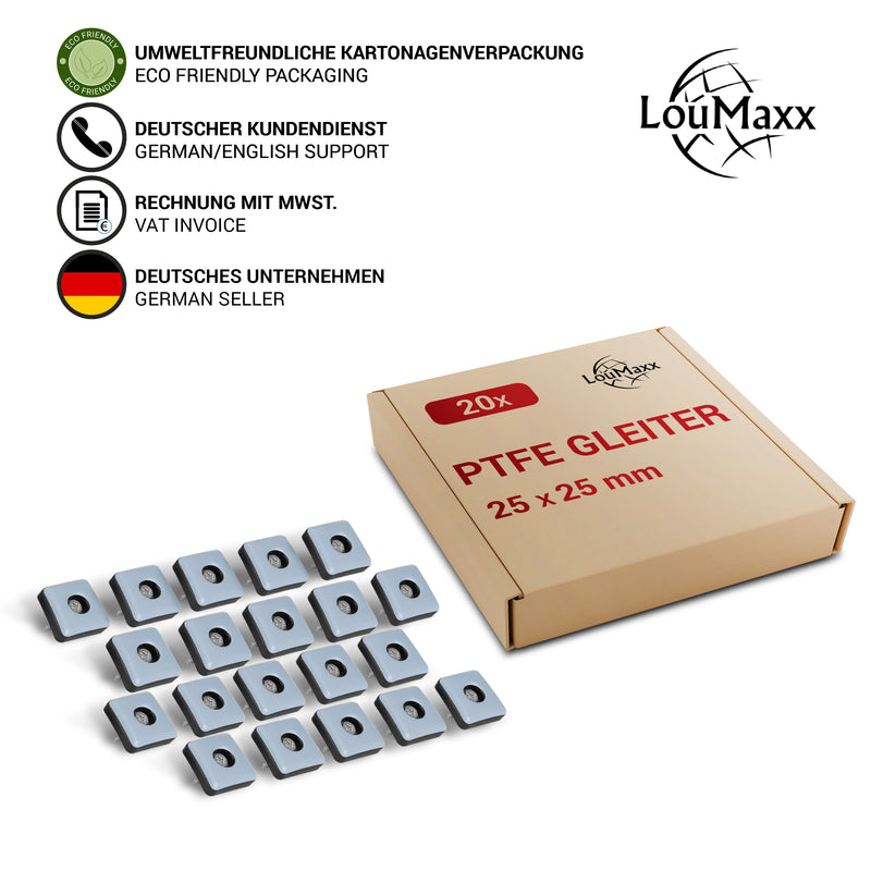LouMaxx Teflongleiter 25 x 25 mm zum Schrauben – Möbelgleiter | Stuhlgleiter aus hochgleitfähigem PTFE | Hochwertige Gleiter für Stühle, Möbel und für Thermomix - 20er Set Möbelgleiter Teppich