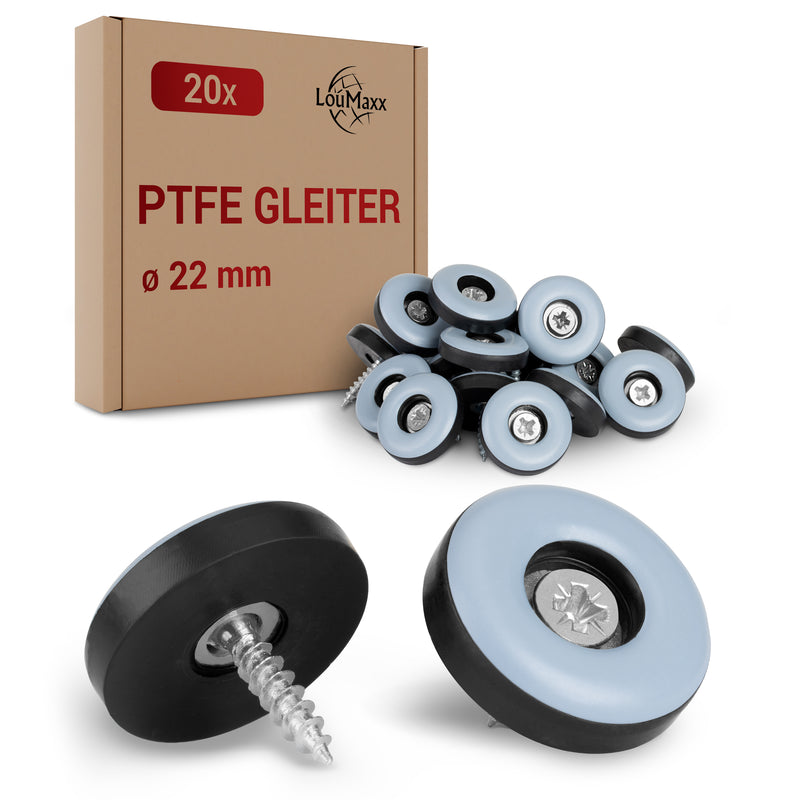 LouMaxx Teflongleiter Ø 22 mm mit Schraube – Möbelgleiter | Stuhlgleiter aus hochgleitfähigem PTFE | Hochwertige Gleiter für Stühle, Möbel und für Thermomix - 20er Set Möbelgleiter Teppich