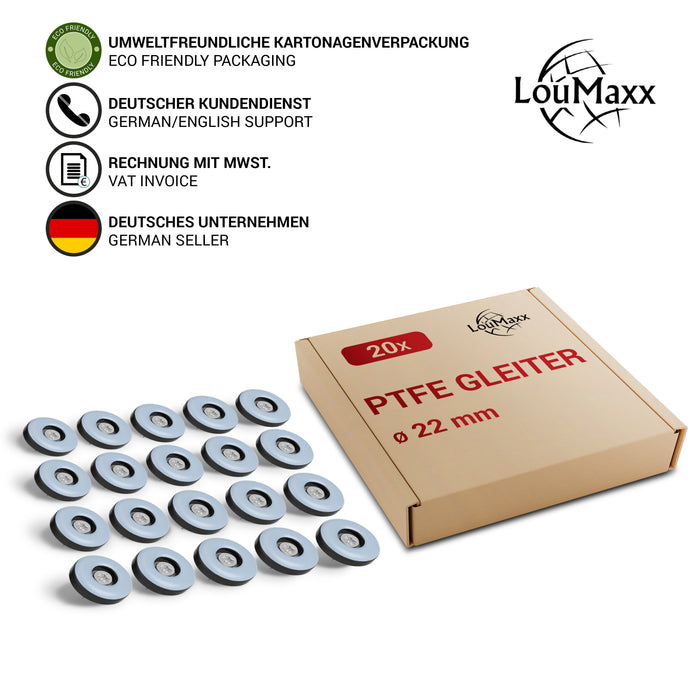 LouMaxx Teflongleiter Ø 22 mm mit Schraube – Möbelgleiter | Stuhlgleiter aus hochgleitfähigem PTFE | Hochwertige Gleiter für Stühle, Möbel und für Thermomix - 20er Set Möbelgleiter Teppich