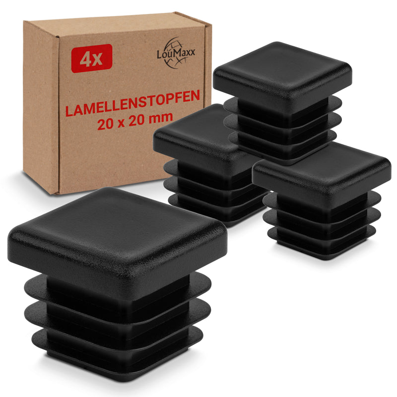 LouMaxx Lamellenstopfen 20x20 mm | Formrohrstopfen schwarz für Vierkantrohr 40x40 mm | Quadratische Zaunpfosten Kappen aus robustem Kunststoff | Rohrstopfen 20x20 mm für perfekten Schutz