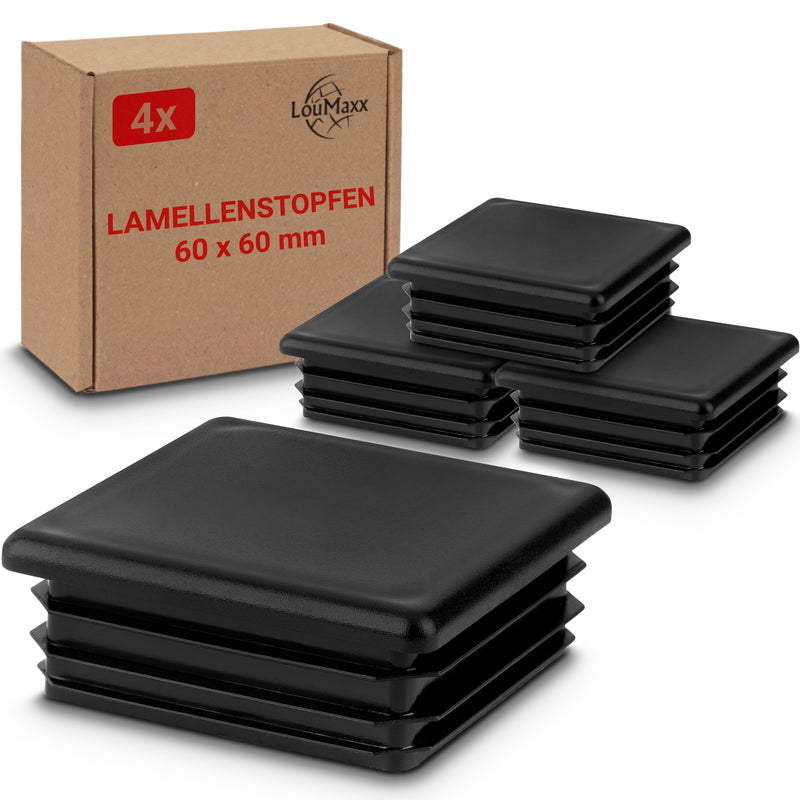 LouMaxx Lamellenstopfen 60x60 mm | Formrohrstopfen schwarz für Vierkantrohr 60x60 mm | Quadratische Zaunpfosten Kappen aus robustem Kunststoff | Rohrstopfen 60x60 mm für perfekten Schutz