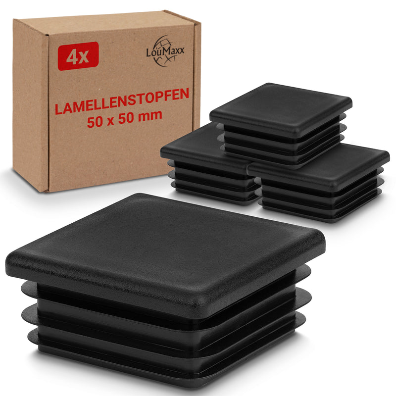 LouMaxx Lamellenstopfen 50x50 mm | Formrohrstopfen schwarz für Vierkantrohr 40x40 mm | Quadratische Zaunpfosten Kappen aus robustem Kunststoff | Rohrstopfen 50x50 mm für perfekten Schutz