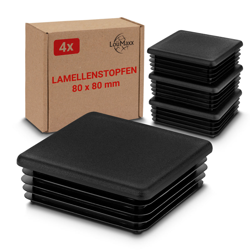 LouMaxx Lamellenstopfen 80x80 mm | Formrohrstopfen schwarz für Vierkantrohr 80x80 mm | Quadratische Zaunpfosten Kappen aus robustem Kunststoff | Rohrstopfen 80x80 mm für perfekten Schutz Ihrer Möbel und Böden