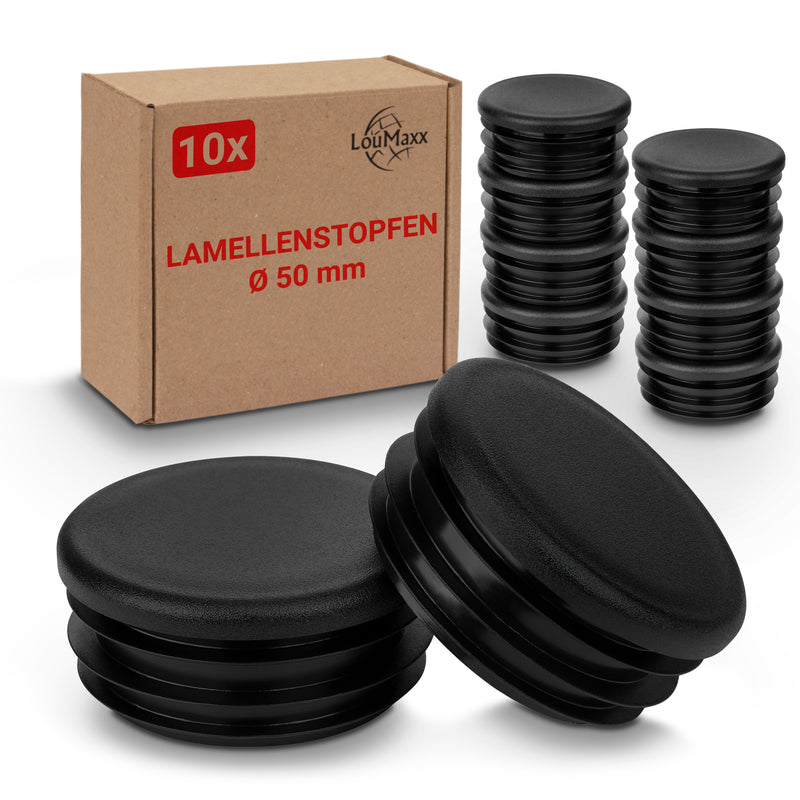 LouMaxx Lamellenstopfen Ø 50 mm | Formrohrstopfen schwarz für Ø 50 mm Rohr | Runde Zaunpfosten Kappen aus robustem Kunststoff | 10er Set Rohrstopfen Ø 50 mm für perfekten Schutz