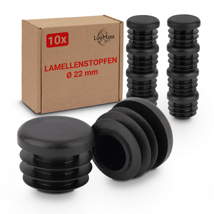 LouMaxx Lamellenstopfen Ø 22 mm | Formrohrstopfen schwarz für Ø 22 mm Rohr | Runde Zaunpfosten Kappen aus robustem Kunststoff | 10er Set Rohrstopfen Ø 22 mm für perfekten Schutz
