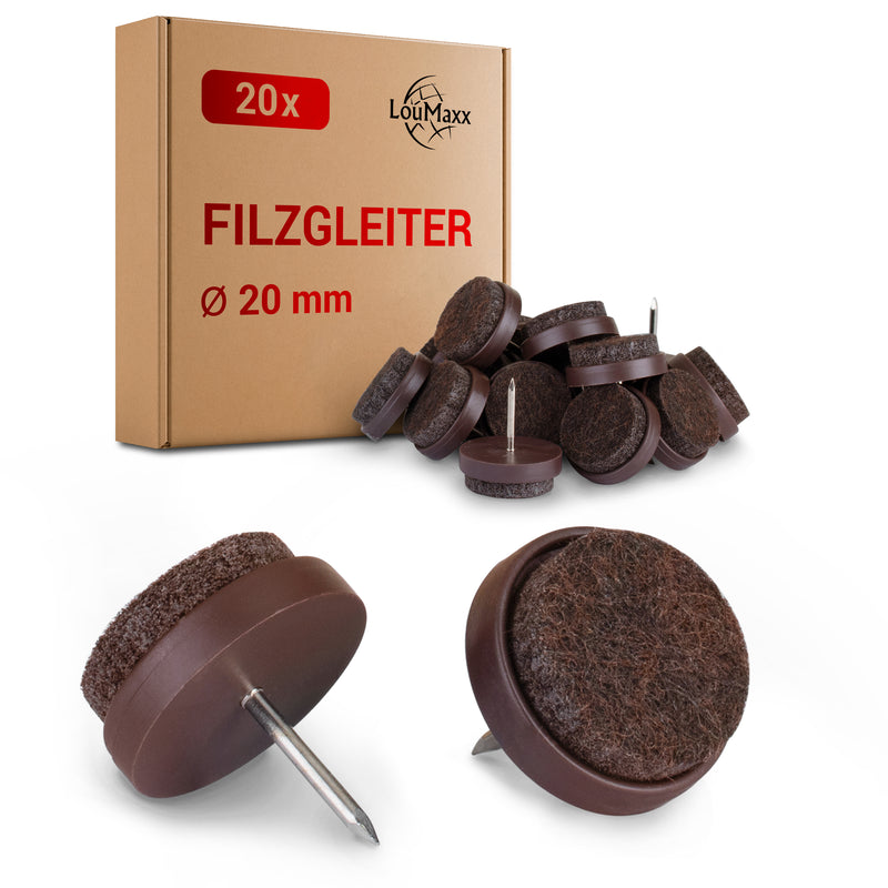 LouMaxx Stuhl Filzgleiter mit Nagel rund, Ø 20mm dunkelbraun - Stuhlgleiter mit 3mm dickem Filz - Filzgleiter für Stühle - Premium Stuhlbeinschoner Filz auch für Möbel 20 Stück