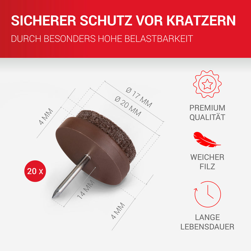 LouMaxx Stuhl Filzgleiter mit Nagel rund, Ø 20mm dunkelbraun - Stuhlgleiter mit 3mm dickem Filz - Filzgleiter für Stühle - Premium Stuhlbeinschoner Filz auch für Möbel 20 Stück