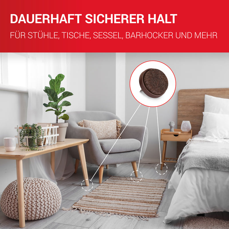 LouMaxx Stuhl Filzgleiter mit Nagel rund, Ø 20mm dunkelbraun - Stuhlgleiter mit 3mm dickem Filz - Filzgleiter für Stühle - Premium Stuhlbeinschoner Filz auch für Möbel 20 Stück